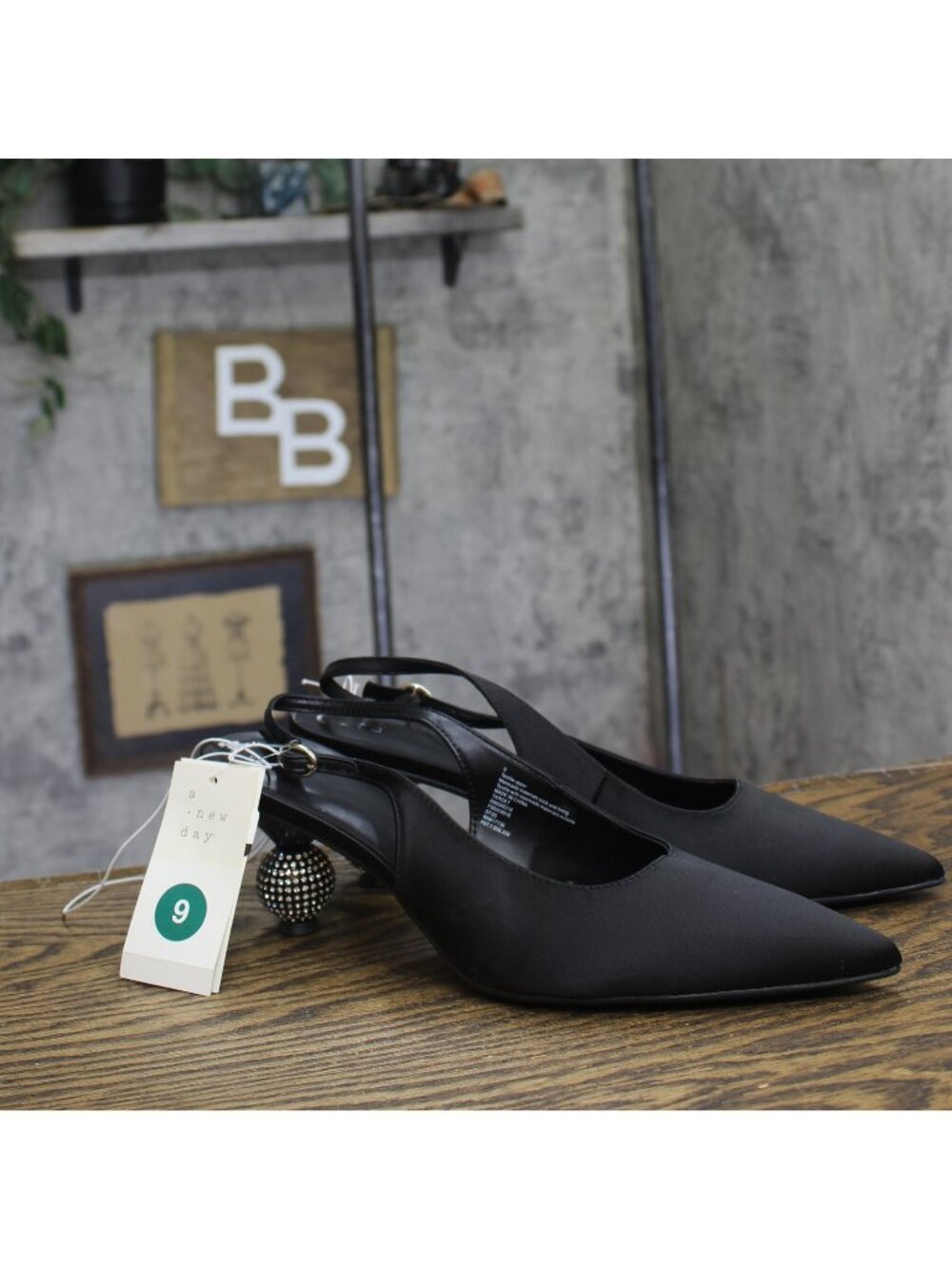 A New Day Womens Simone Rhinestone Ball Heels Disco Slingback Satin Black 9M